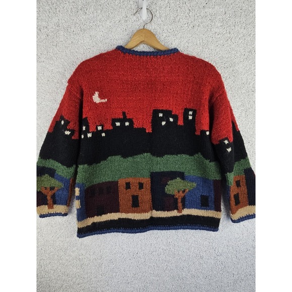 VTG Newari Cardigan Sweater Hand Knitted Nepal Chunky City Scapes Women's L/XL - Picture 2 of 16